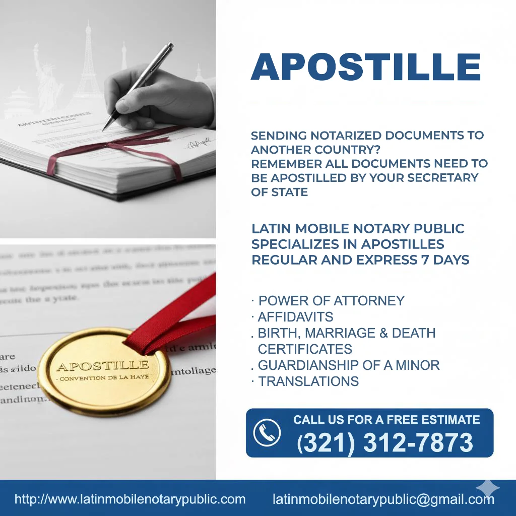 A collage of images and text promoting apostille services. The top left image shows a hand signing a document with a pen, with iconic landmarks like the Statue of Liberty and Eiffel Tower in the background. The bottom left image features a close-up of a gold apostille seal with a red ribbon on a document. The right side of the image contains a large blue title "APOSTILLE" followed by descriptive text about the service, including a list of document types and contact information for "Latin Mobile Notary Public."