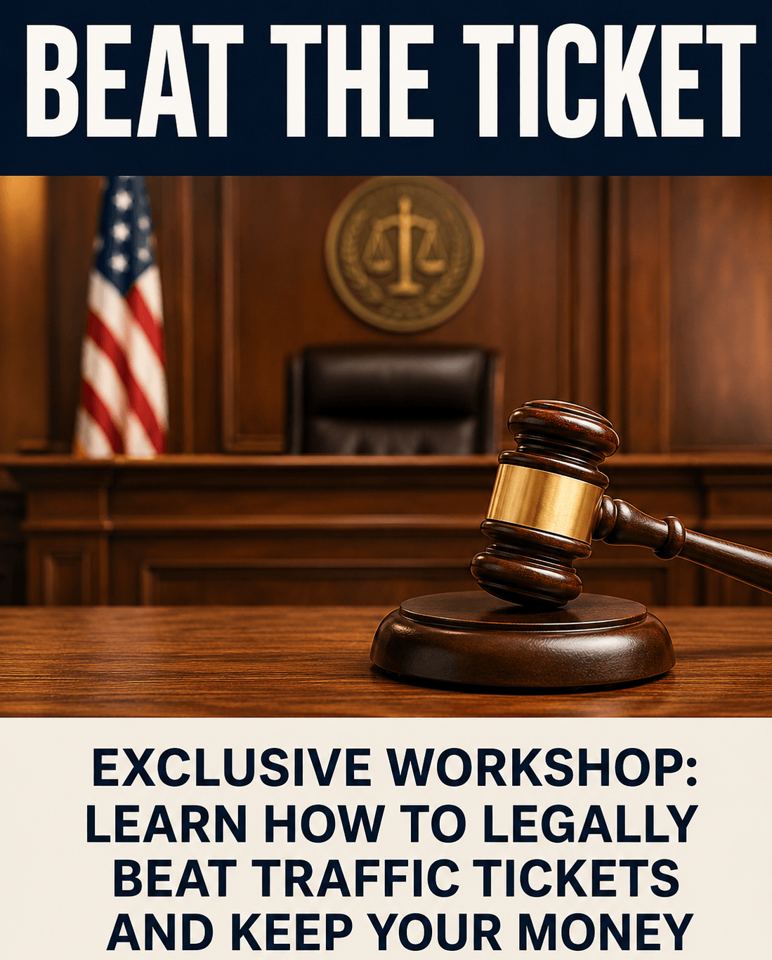 A courtroom scene with a gavel in the foreground and text overlays advertising a workshop on how to legally beat traffic tickets.