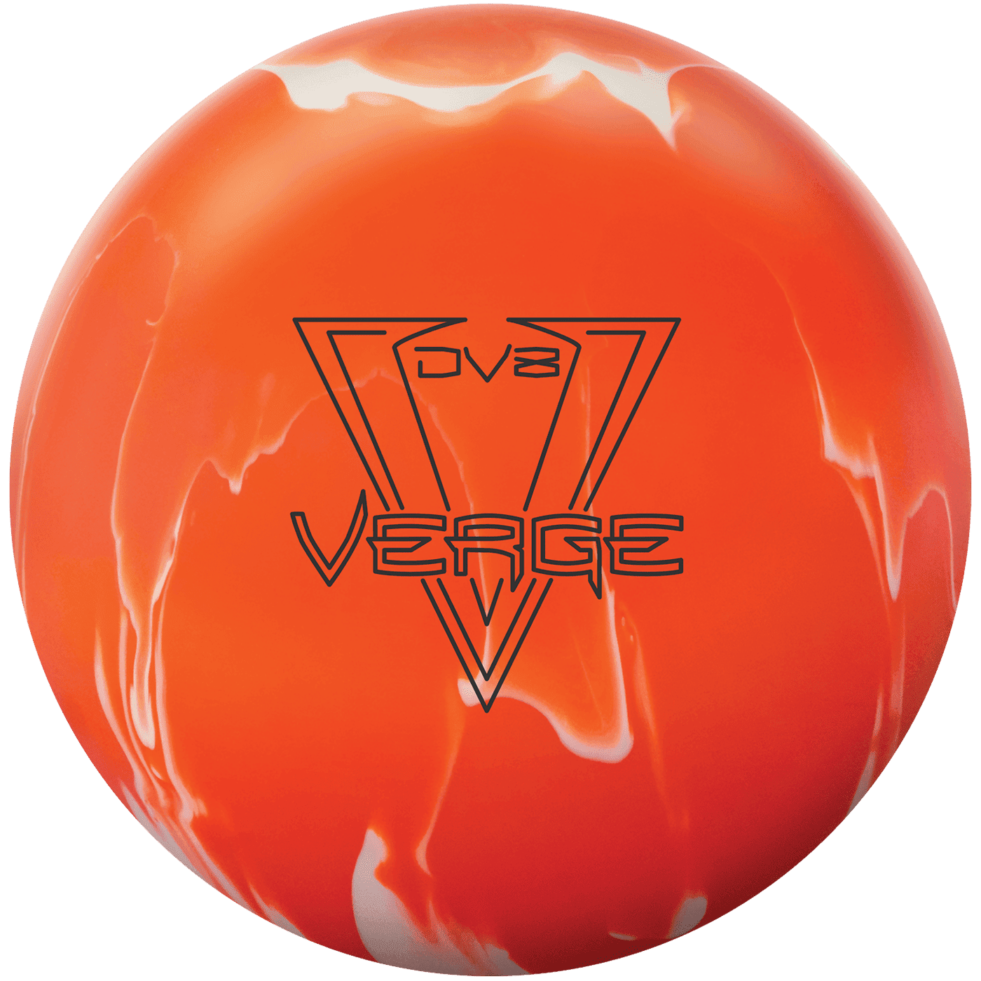 A close-up, isolated shot of a bowling ball with an orange and white swirled pattern. The ball has a dark outline logo with the words "DV8" and "VERGE" inside a triangular shape.