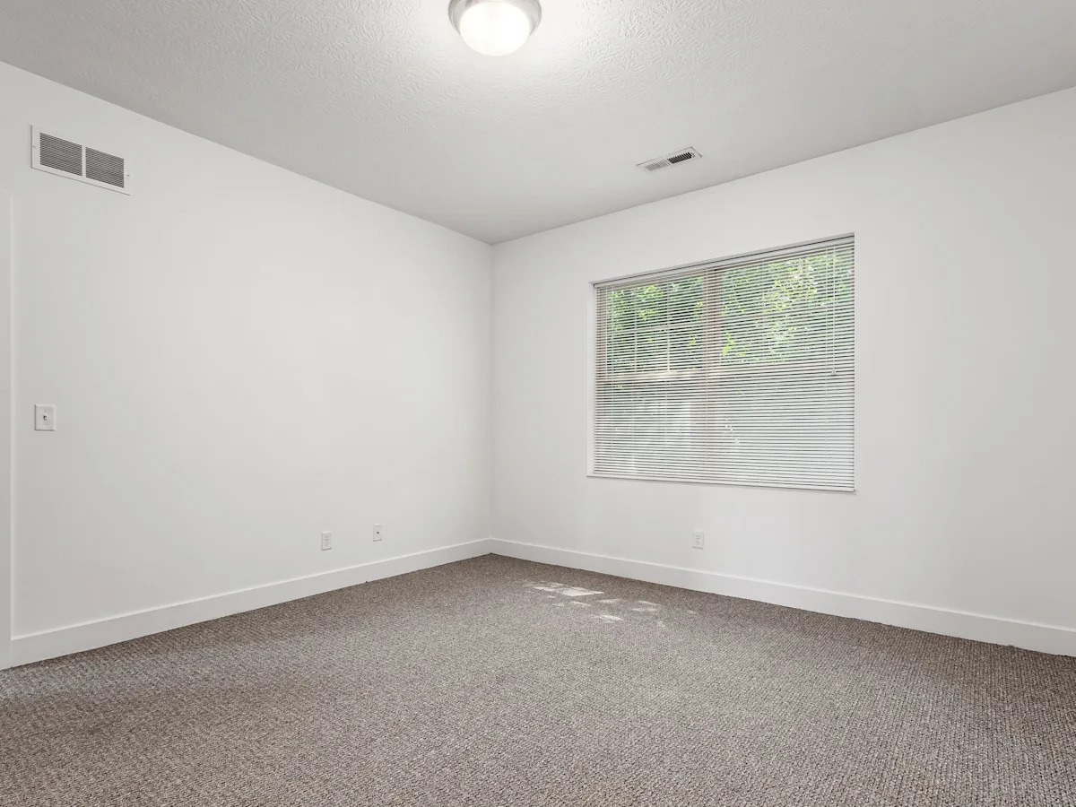 A room with a carpeted floor and a window showing a fence and trees outside.