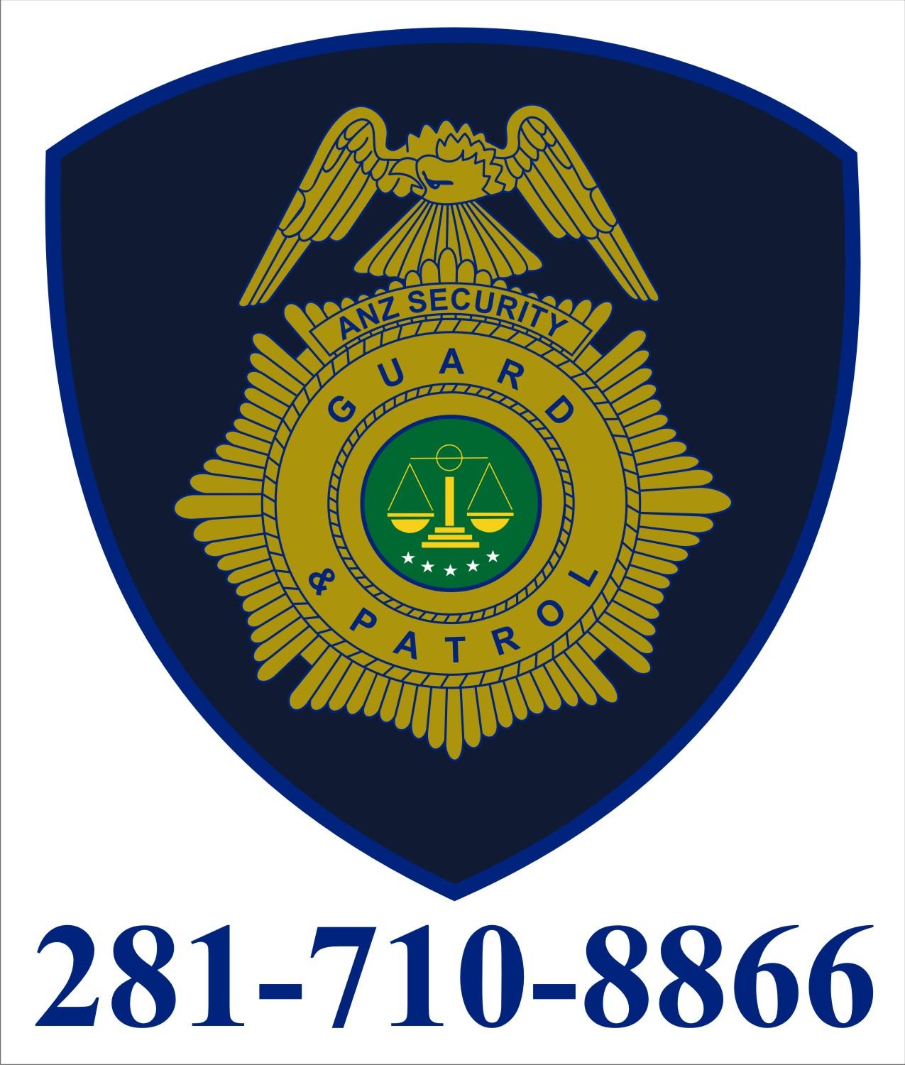 Blue and gold ANZ Security shield logo with an eagle, star and bold lettering for Houston guard serv 
