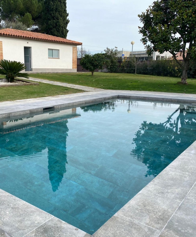 Modern rectangular residential swimming pool with dark blue water, wide entry steps, light stone decking, and a landscaped backyard.