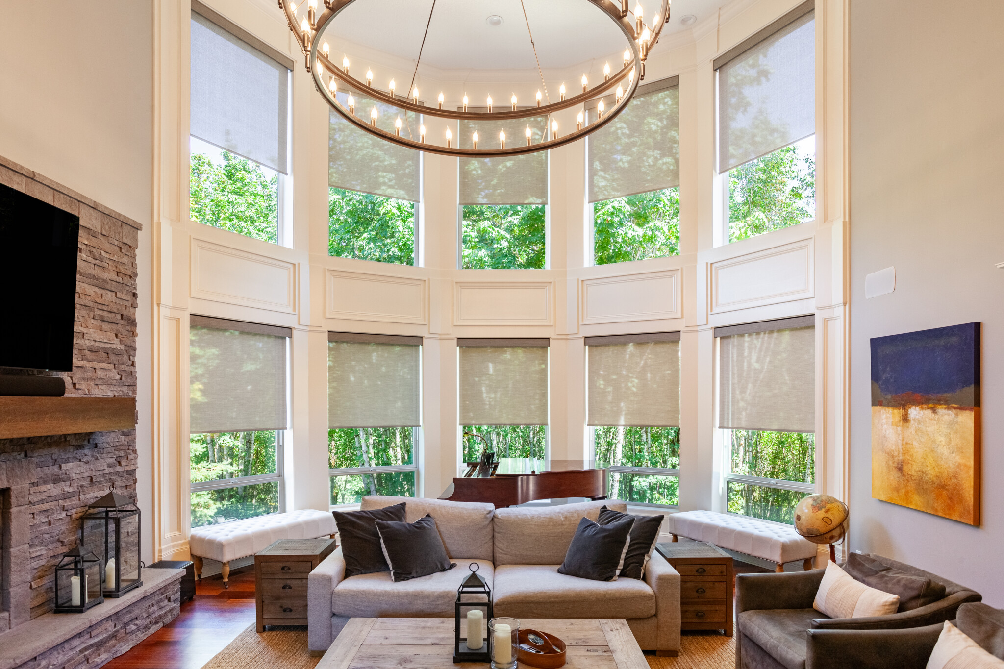 Roller shades are a sleek and modern choice, offering both style and functionality with their smooth operation and wide range of fabric options to complement any decor effortlessly. They provide a perfect balance of privacy and light management, enhancing the ambiance of any room with their contempo
