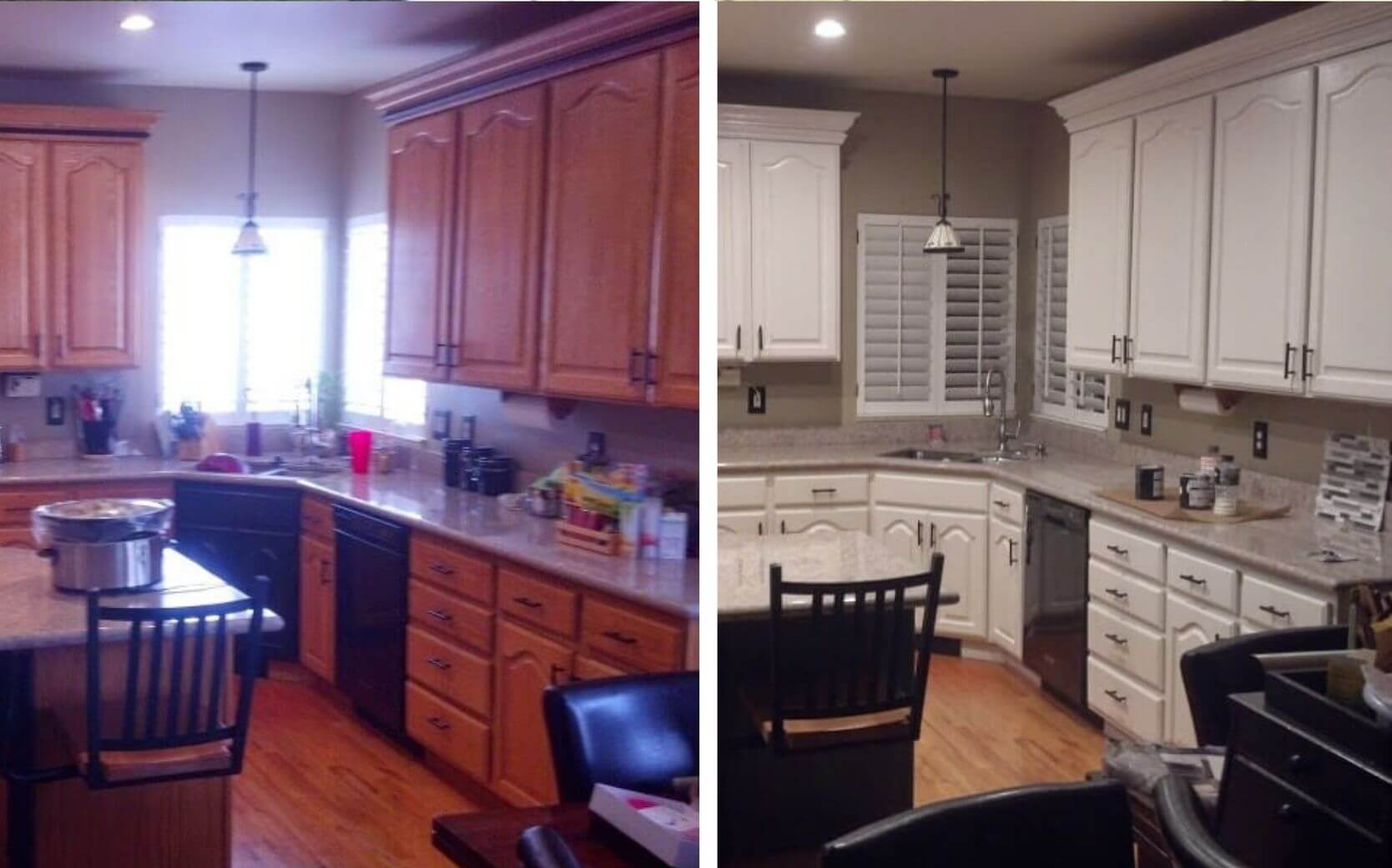 Before and after cabinet refinishing in Murray home.
