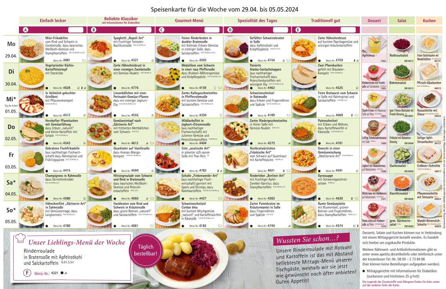 Speisenkarte für die Kalenderwoche 18
vom 29.04. bis 05.05.2024.