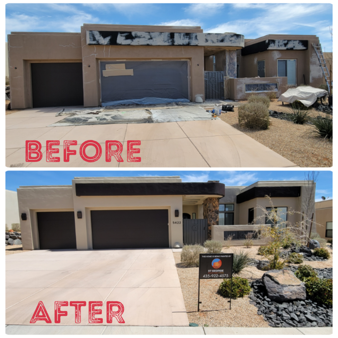 Before and after exterior house repaint in St. George, Utah.
