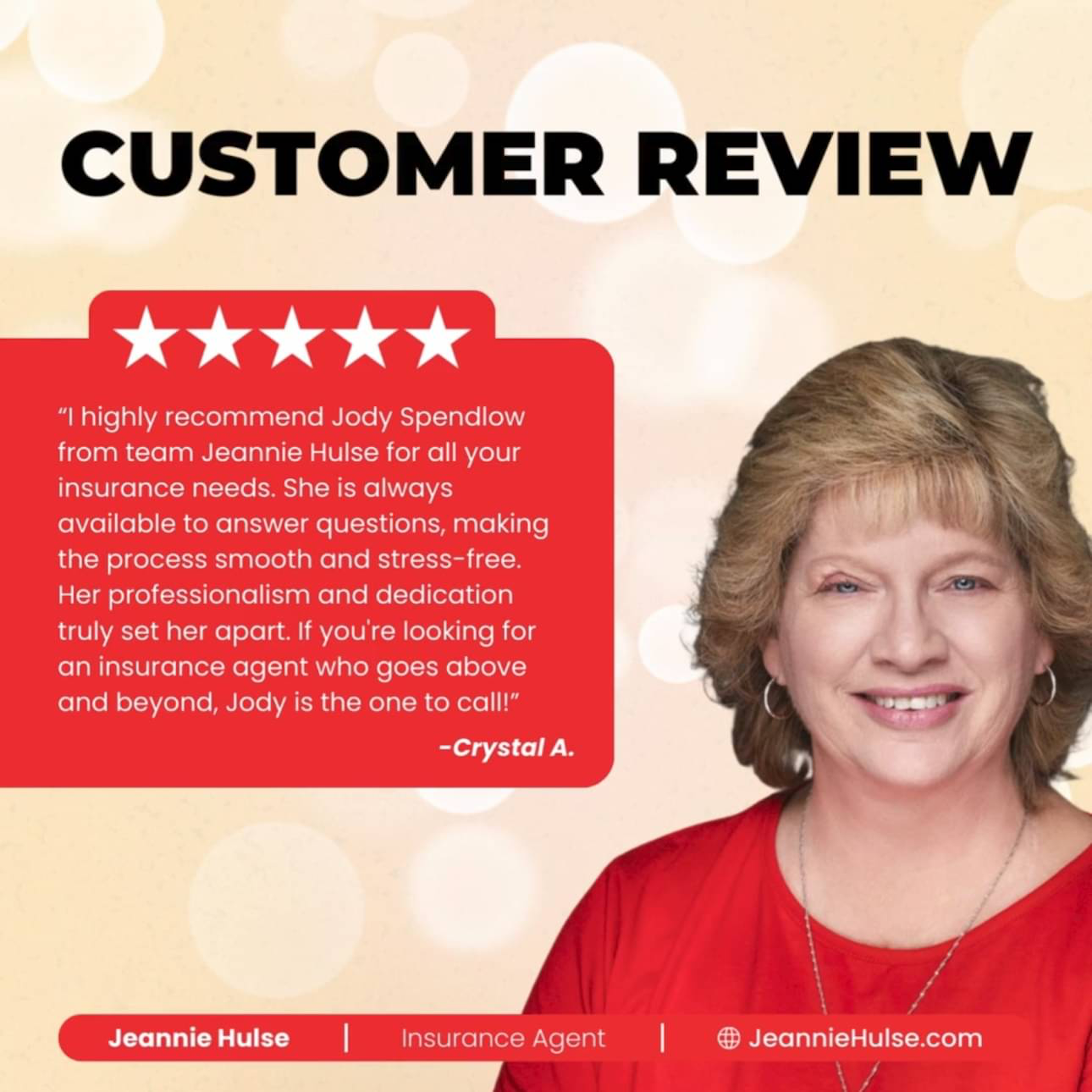 Thank you, Crystal A., for your kind words! We're thrilled to hear about your positive experience with Jody Spendlow from Team Jeannie Hulse. Your recommendation means a lot to us. Jody's commitment to providing exceptional service truly shines through.