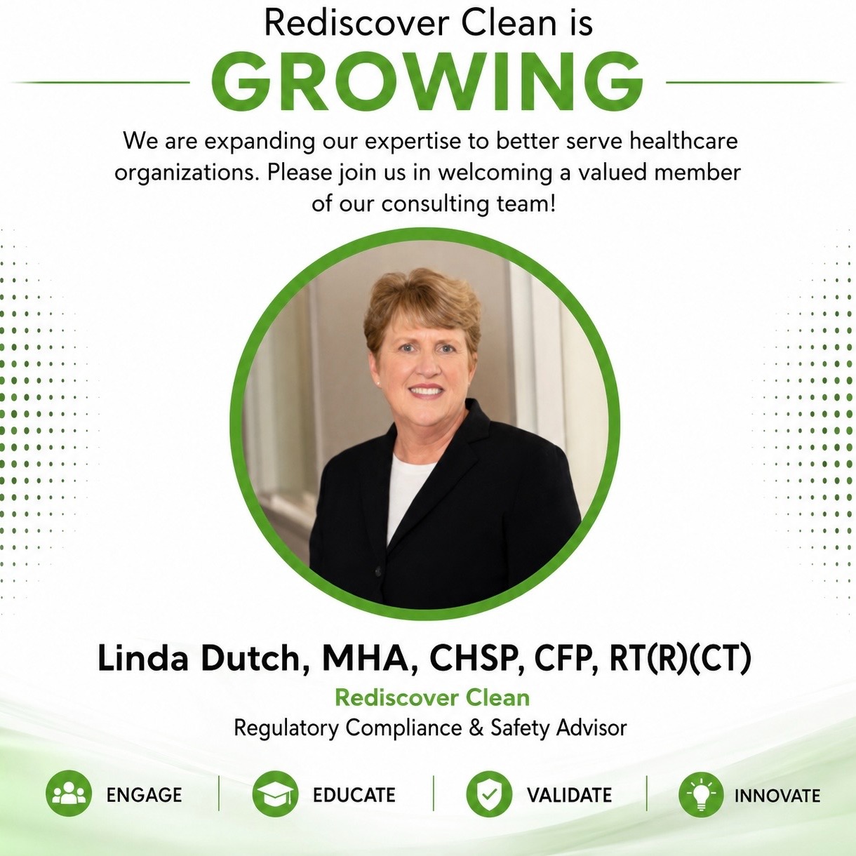Rediscover Clean is growing! Meet Linda Dutch, our new Regulatory Compliance & Safety Advisor.