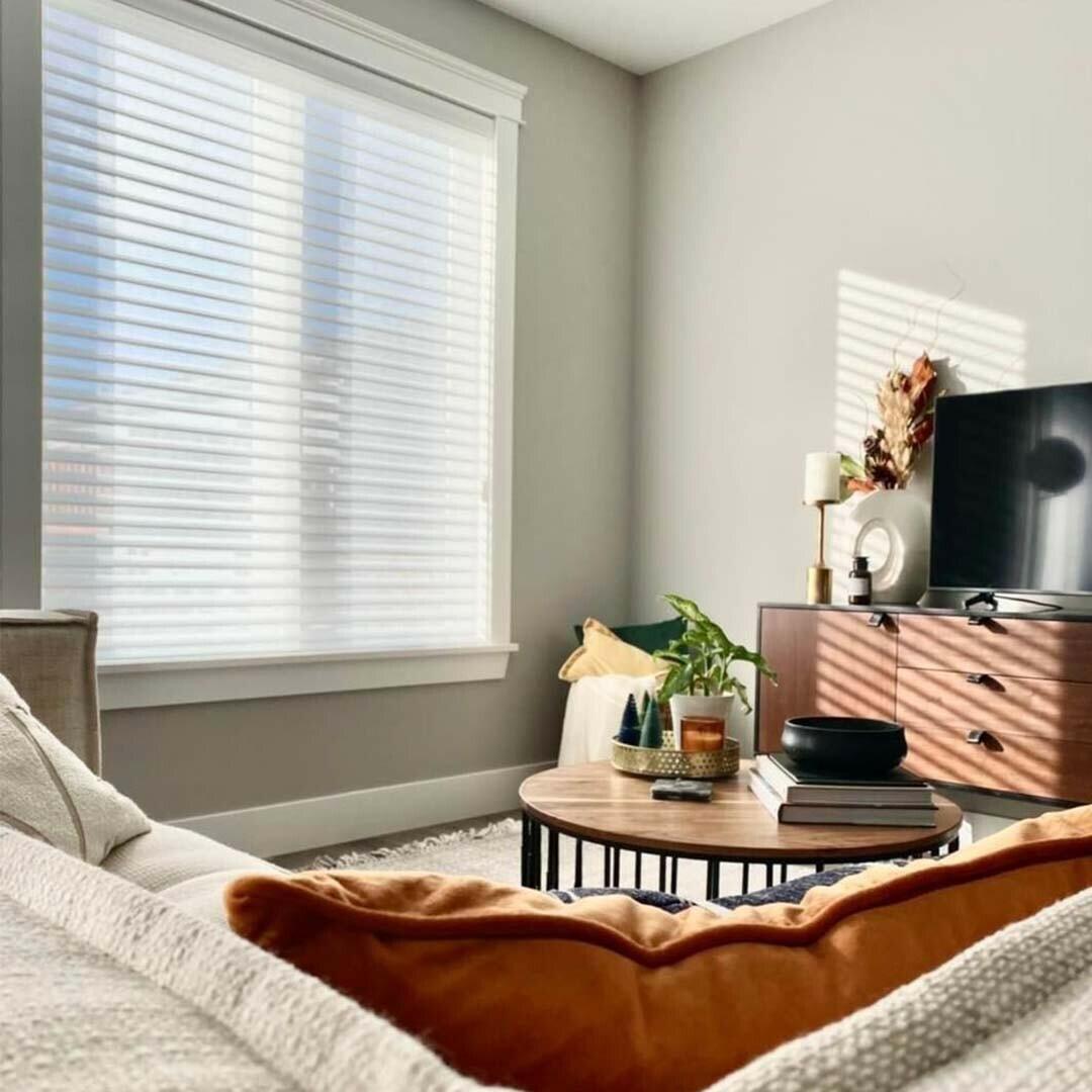 Need a bit more light-filtering and softness than traditional blinds provide? These sheer shades include fabric vanes that tilt like a blind but can roll up into a cassette. We love how they still manage to cast a sleek silhouette across this modern living room.