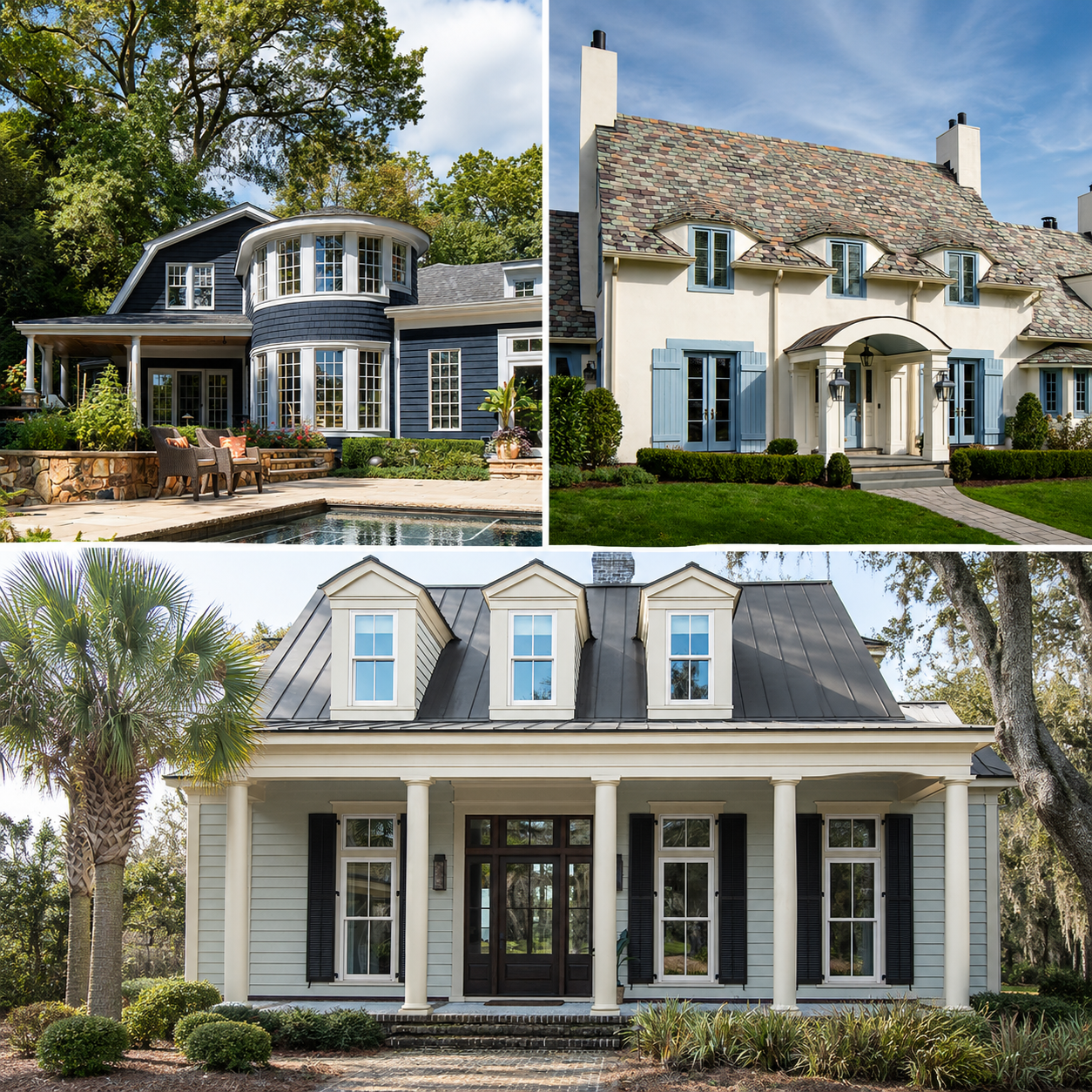 Explore beautiful exterior home color inspiration featuring classic, coastal, and contemporary architectural styles. These professionally painted homes showcase timeless curb appeal, elegant design details, and premium exterior finishes for residential properties.