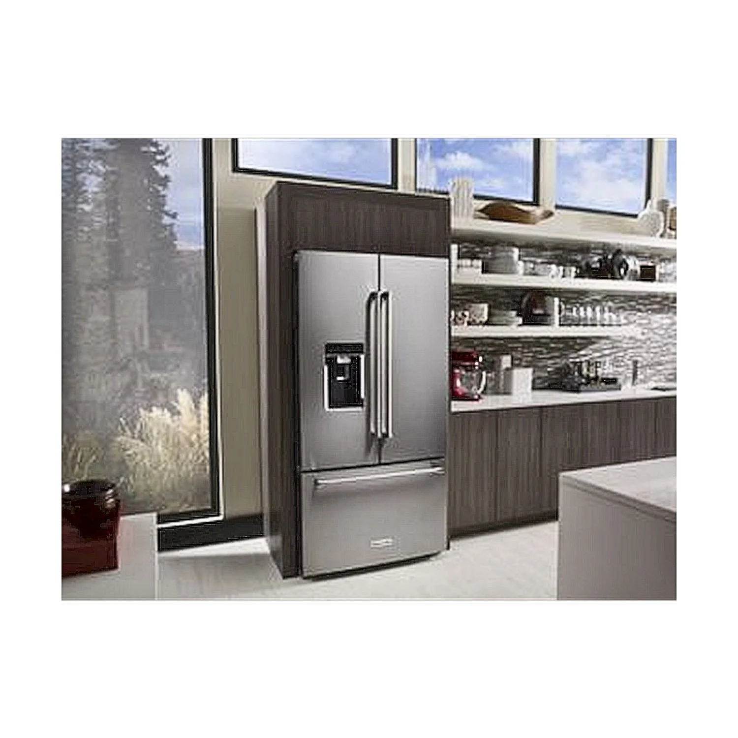 Contemporary kitchen with a stainless steel French door refrigerator surrounded by dark wood cabinetry, demonstrating integrated appliance design, efficient storage solutions, modern aesthetics, and professional installation craftsmanship.