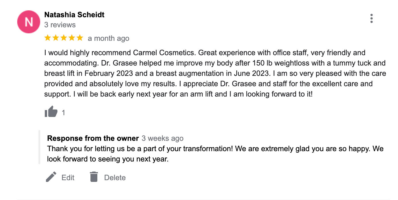 Google review of Carmel Cosmetic and Plastic Surgeons | Carmel, IN