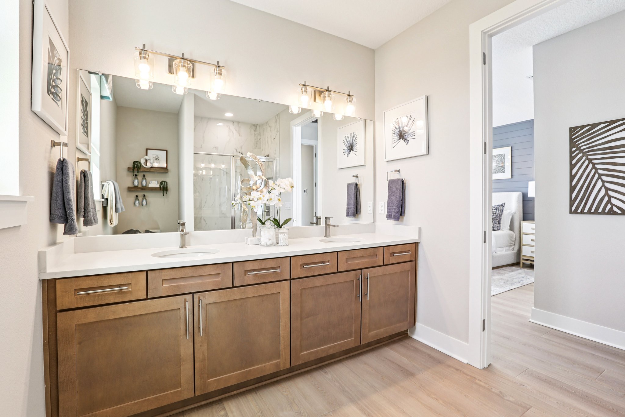 The Primary Bathroom of a DRB Homes Bimini Home Plan at Isla Mirada in San Antonio, FL. 