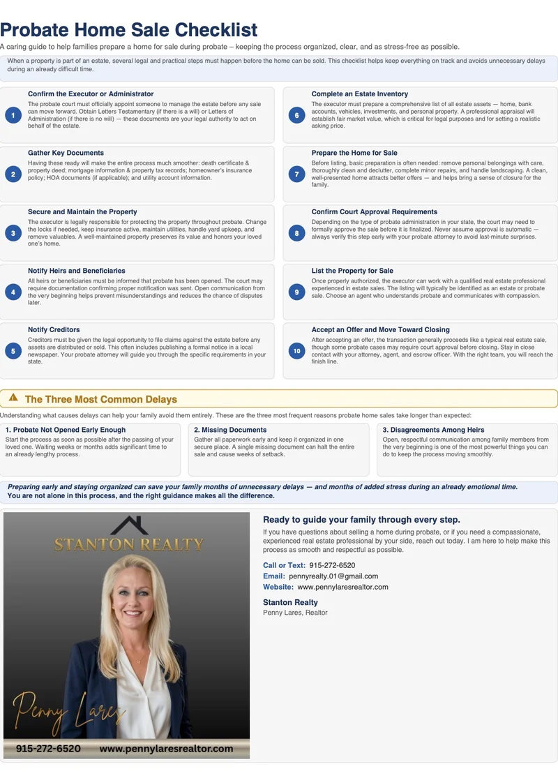 A document titled 'Probate Home Sale Checklist' is presented, outlining 10 essential steps for selling a home during probate. The checklist is divided into two columns, with each step numbered and briefly described. Below the checklist, common delays in probate home sales are detailed, followed by a section offering guidance and contact information for a realtor named Penny Lares of Stanton Realty. A professional photo of Penny Lares is included, along with her contact details and website.