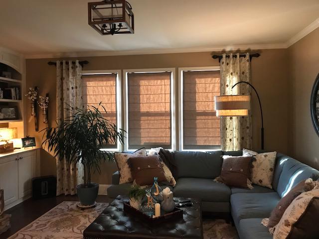 Welcome muted beauty into your living room with Roman Shades & Drapery Panels by Budget Blinds of Woodstock!
