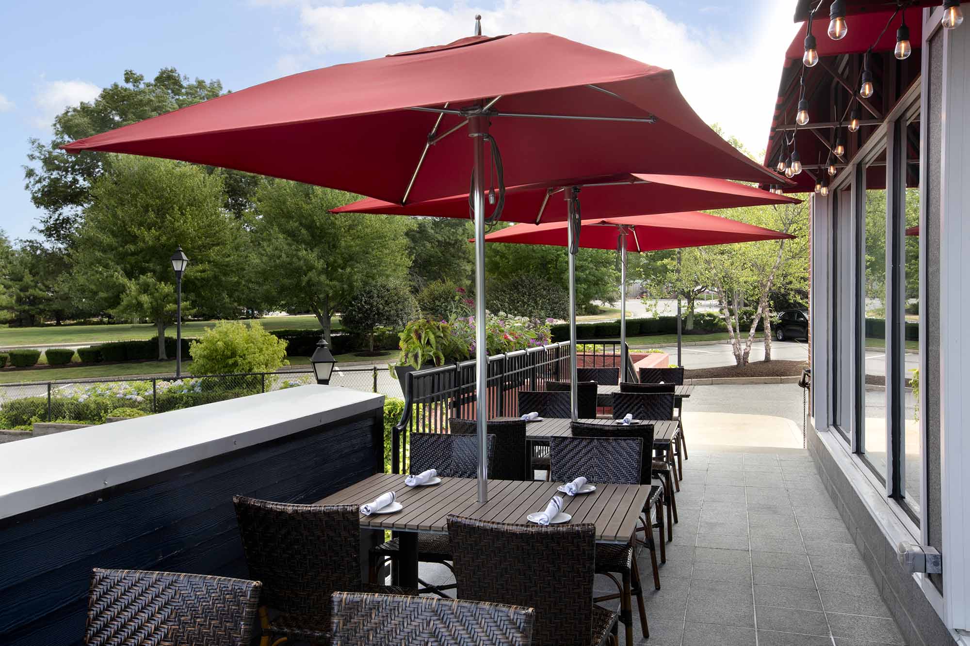 View of the patio at Burtons Grill in North Andover, MA.
