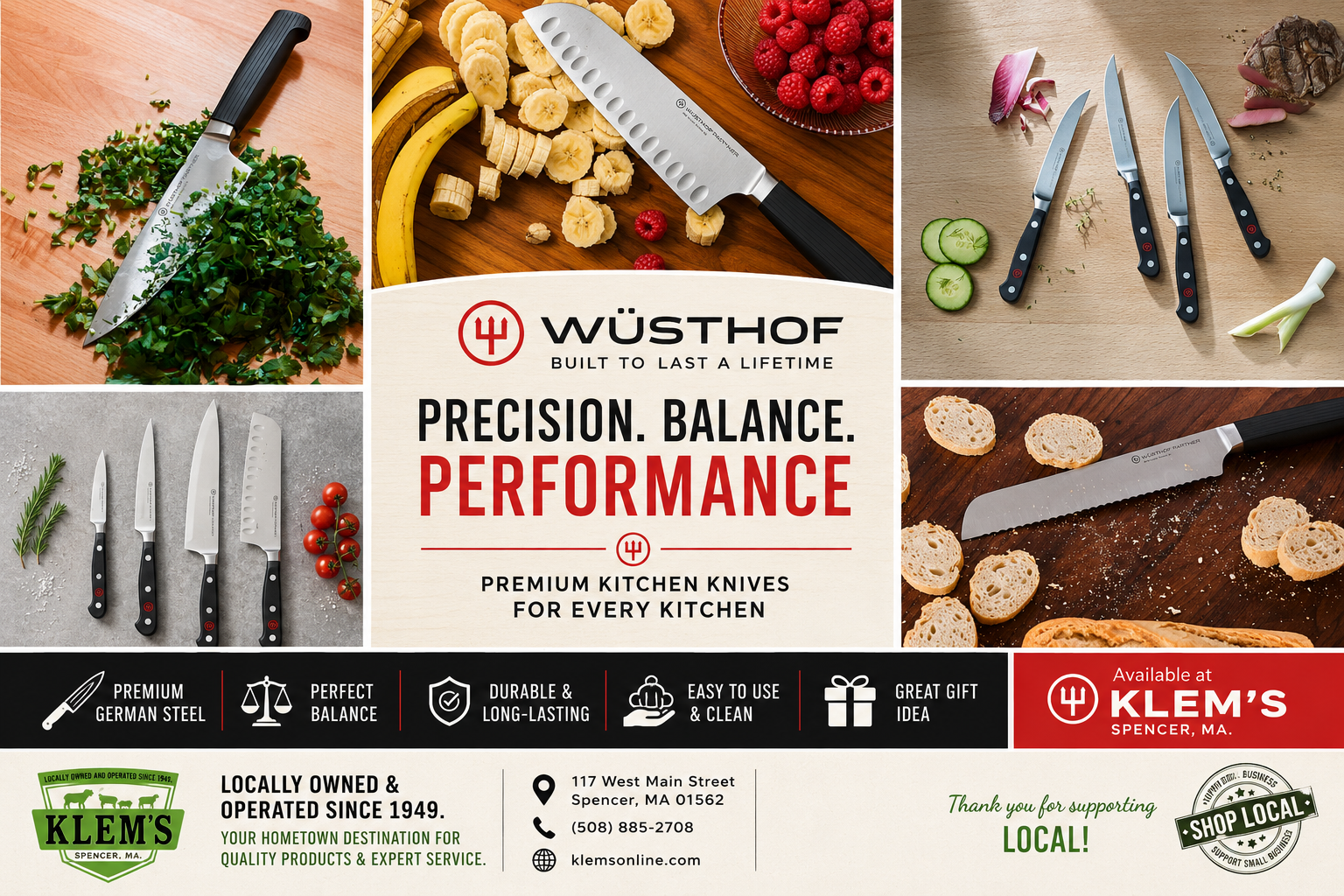Discover premium Wüsthof kitchen knives at Klem's in Spencer, MA. Featuring precision-crafted German steel cutlery designed for slicing, chopping, carving, and everyday food preparation.