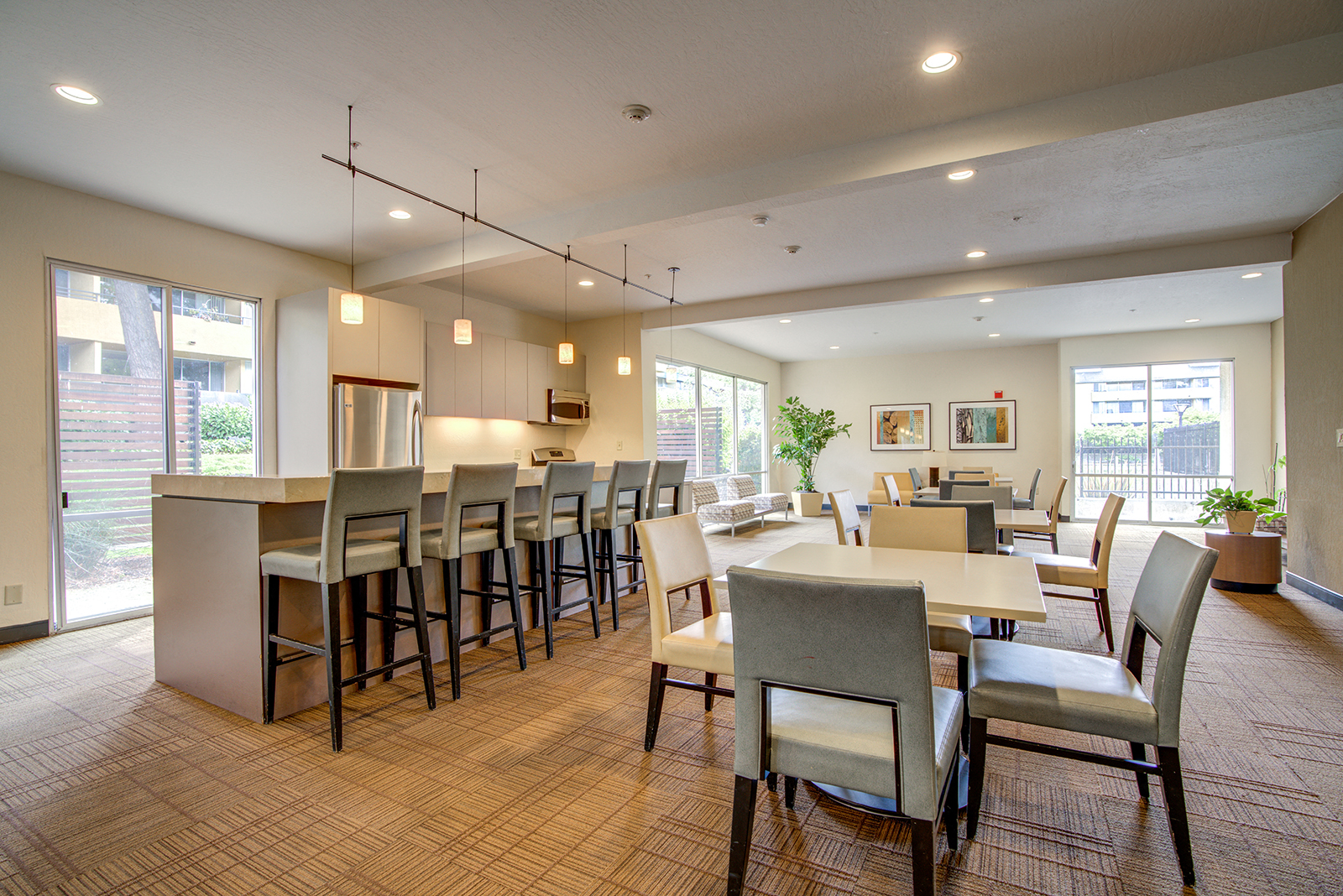 Community kitchen and seating area