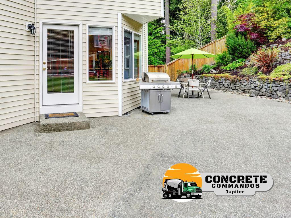 A completed high-durability aggregate concrete patio featuring an outdoor grill setup and patio dini 