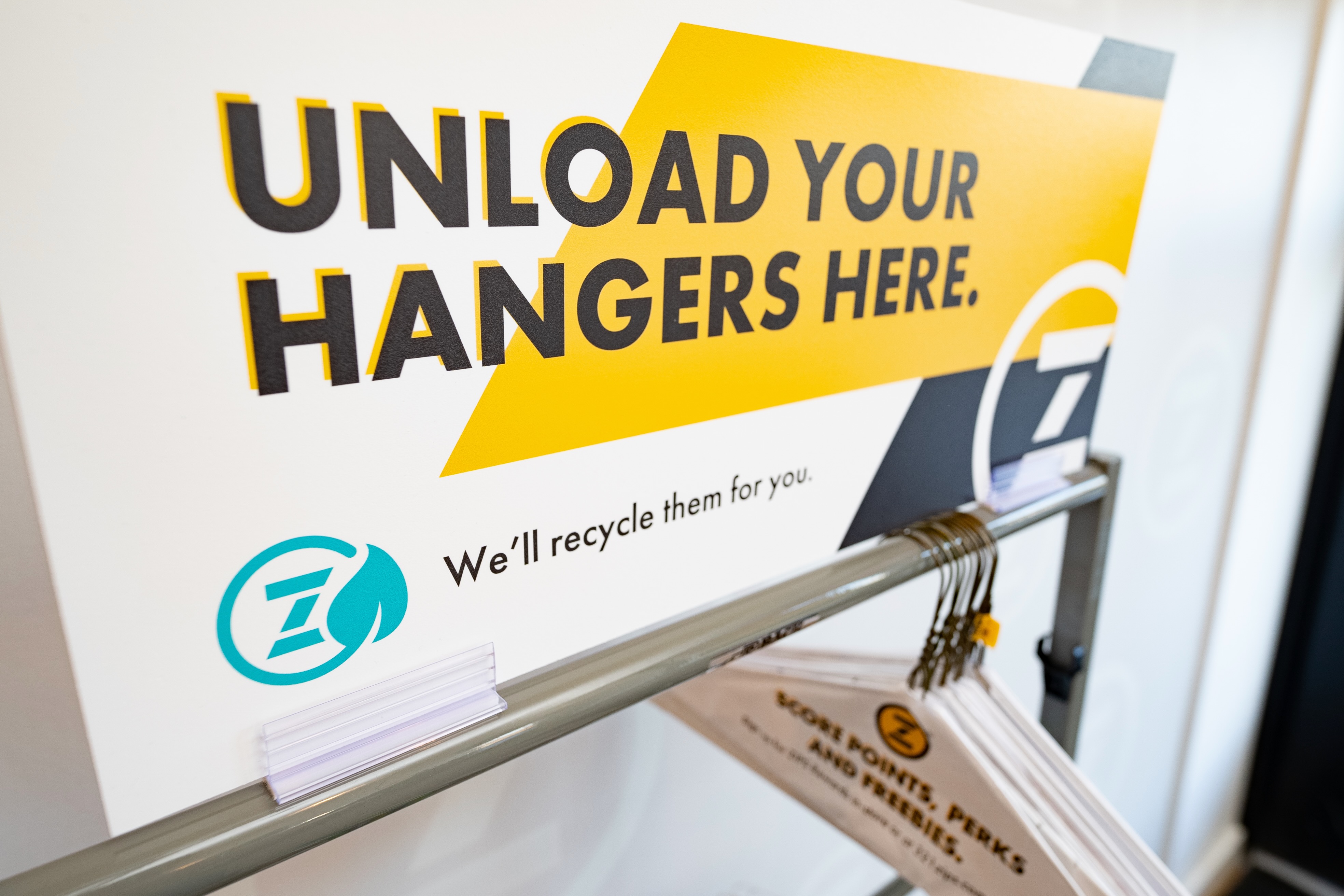 ZIPS Cleaners makes it easy to recycle your unwanted hangers. Just bring them in and hang them on our handy front-of-store rack under our sign “Unload your hangers here. We’ll recycle them for you.”