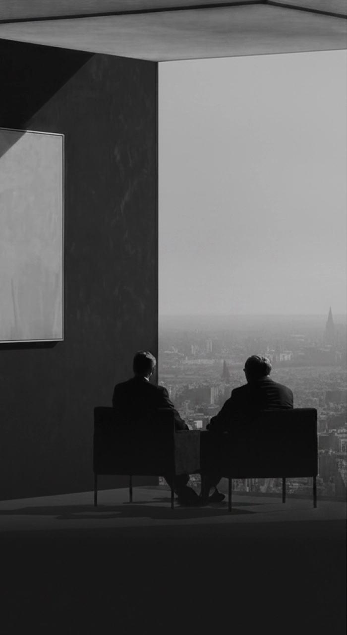 A black and white shot of two professionals seated next to each other overlooking a cityscape.