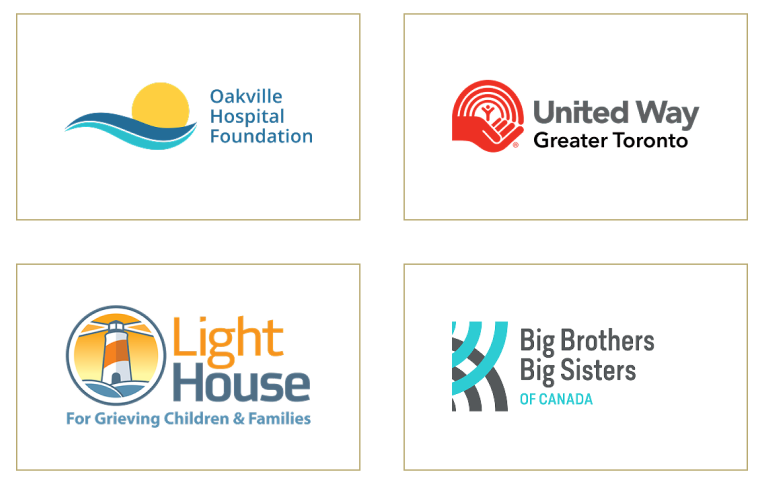 Logos of the Oakville Hospital Foundation, United Way Greater Toronto, Light House for Grieving Children & Families, and Big Brothers Big Sisters of Canada.