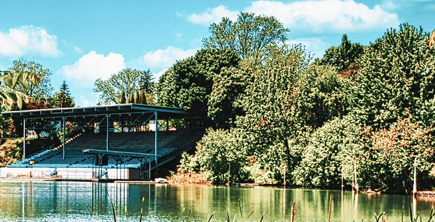 Spectator seating along the Royal Canadian Henley Rowing Course on Martindale Pond in Port Dalhousie.