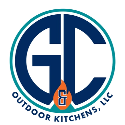 Logo for GC Outdoor Kitchens, LLC featuring a blue "GC" monogram, an orange flame icon, and text in a circular design.