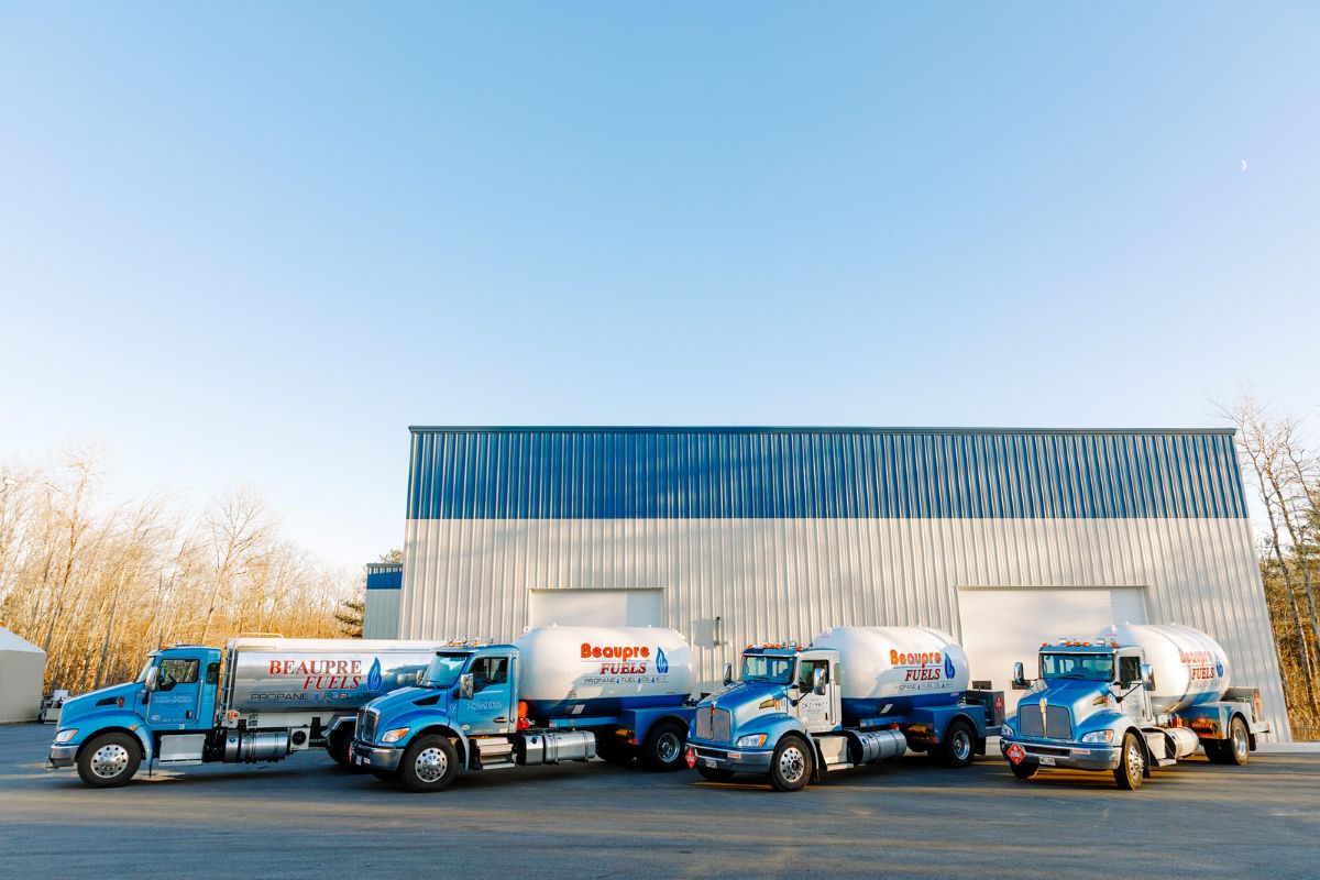 The Beaupre Fuels delivery fleet parked outside the company facility in Southern Maine. Beaupre Fuels offers reliable propane delivery, heating oil delivery, kerosene services, and residential and commercial fuel solutions throughout Biddeford and surrounding communities.