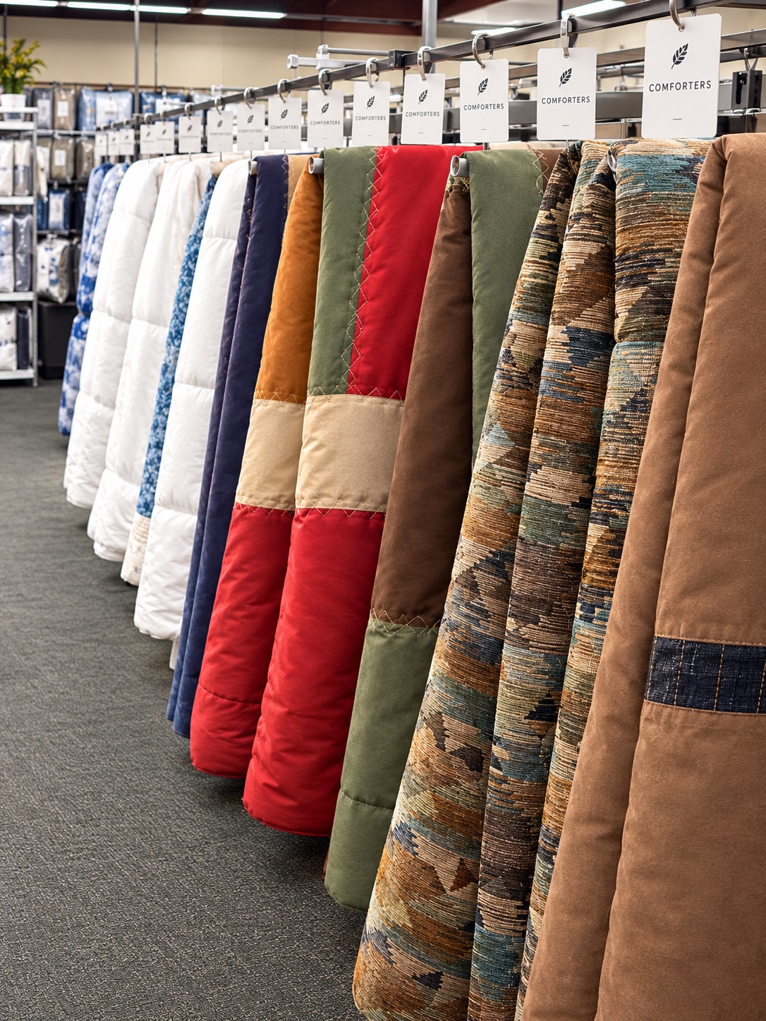 A neatly organized row of freshly laundered and professionally cleaned quilts, blankets, and comforters hanging on display racks at Plaza Cleaners, showcasing expert bulky bedding care.
