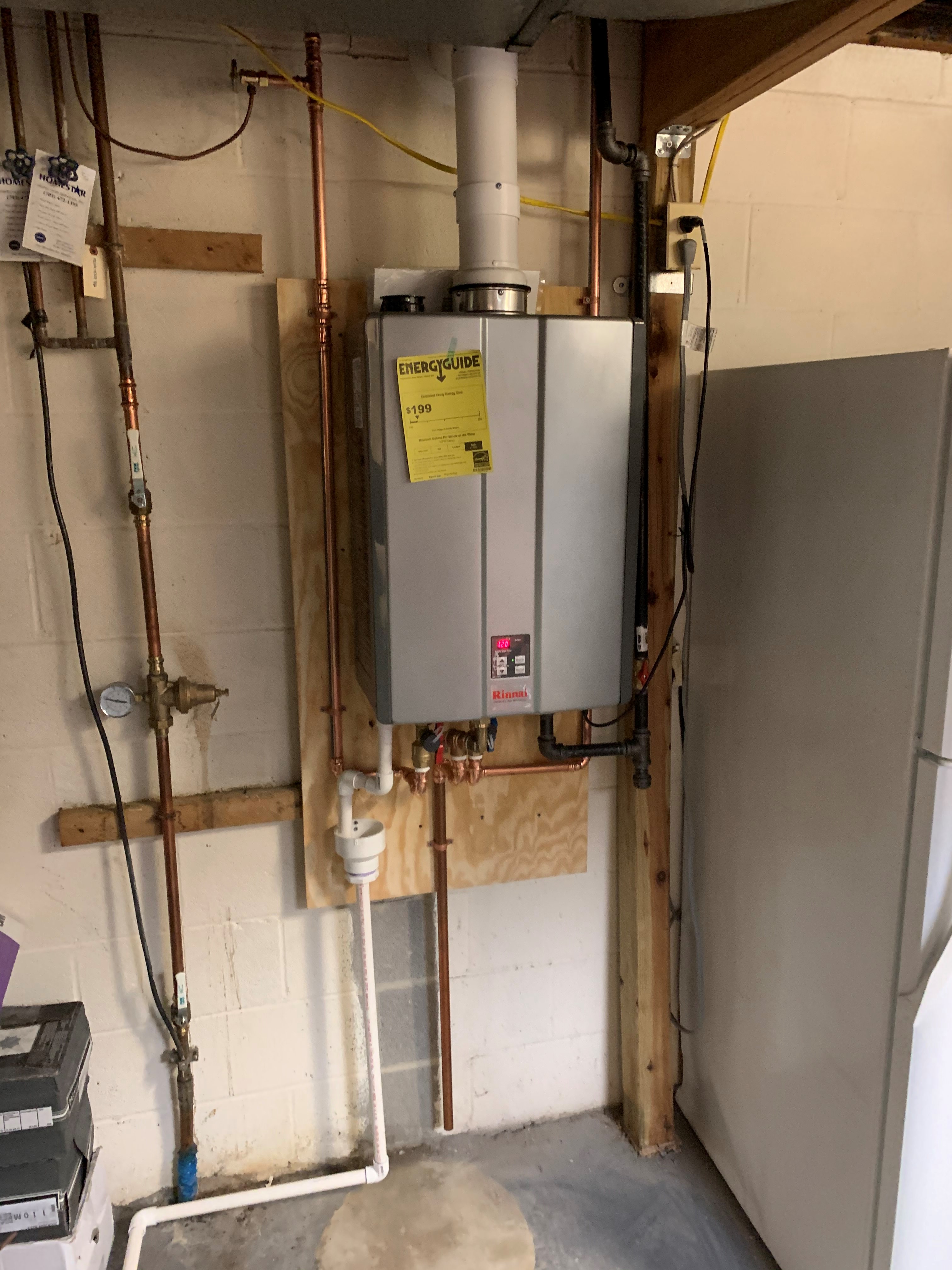 Rinnai high-efficiency condensing tankless water heater.