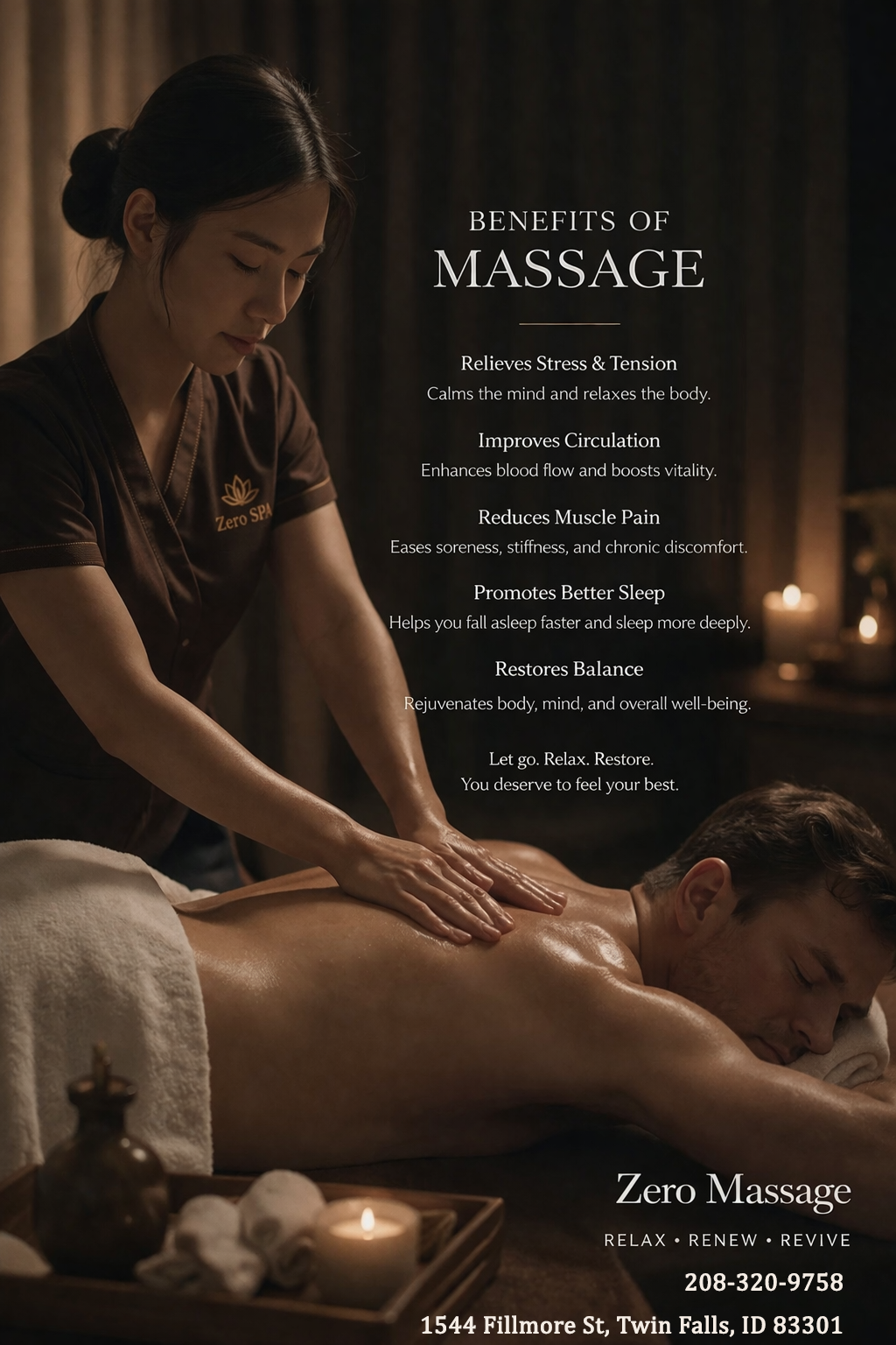 The full body massage targets all the major areas of the body that are most subject to strain and
discomfort including the neck, back, arms, legs, and feet. 
If you need an area of the body that you feel needs extra consideration, 
such as an extra sore neck or back, feel free to make your massage therapist aware and
they will be more than willing to accommodate you.