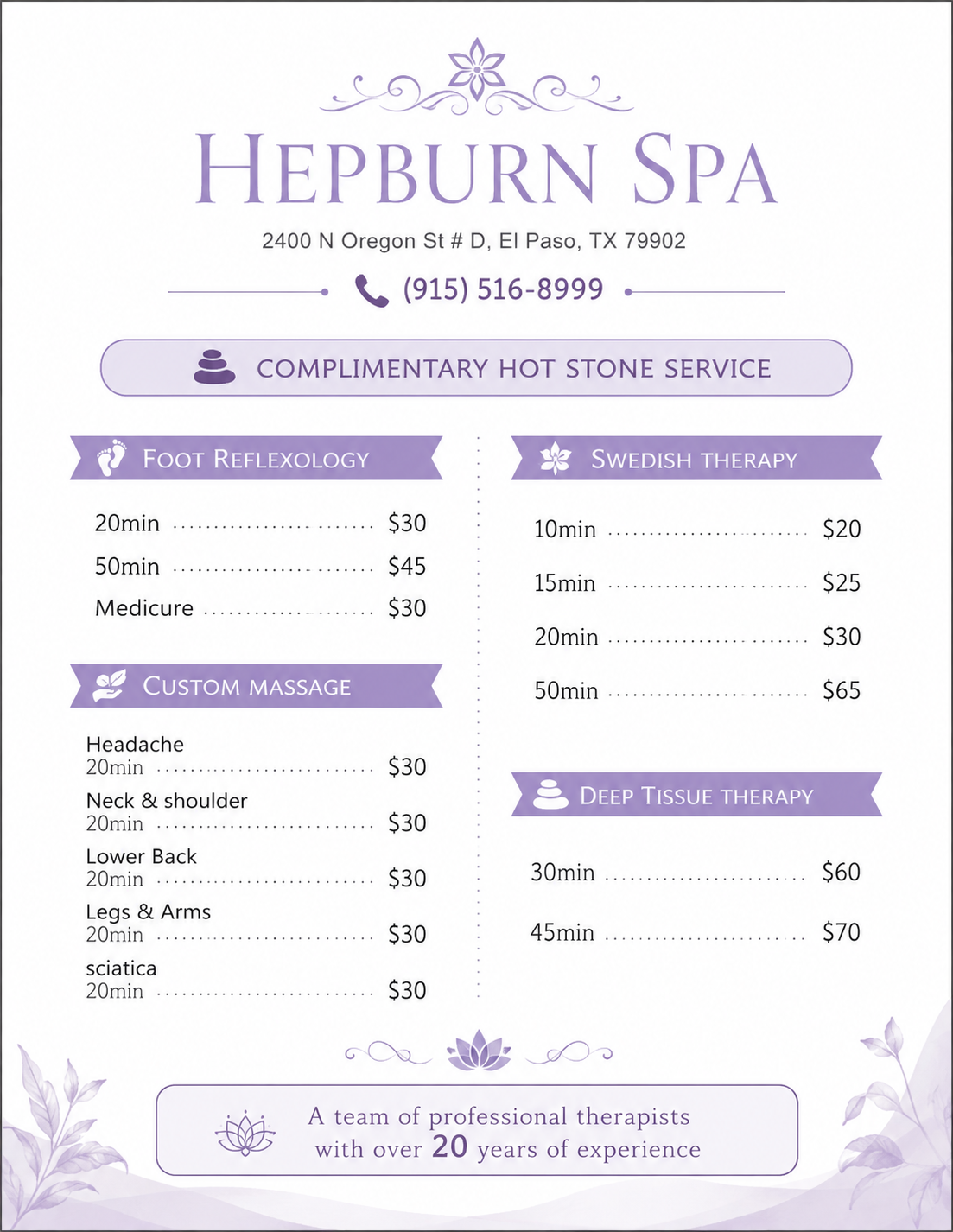Our traditional full body massage in Santa Monica, CA
includes a combination of different massage therapies like
Swedish Massage, Deep Tissue, Sports Massage, Hot Oil Massage
at reasonable prices.