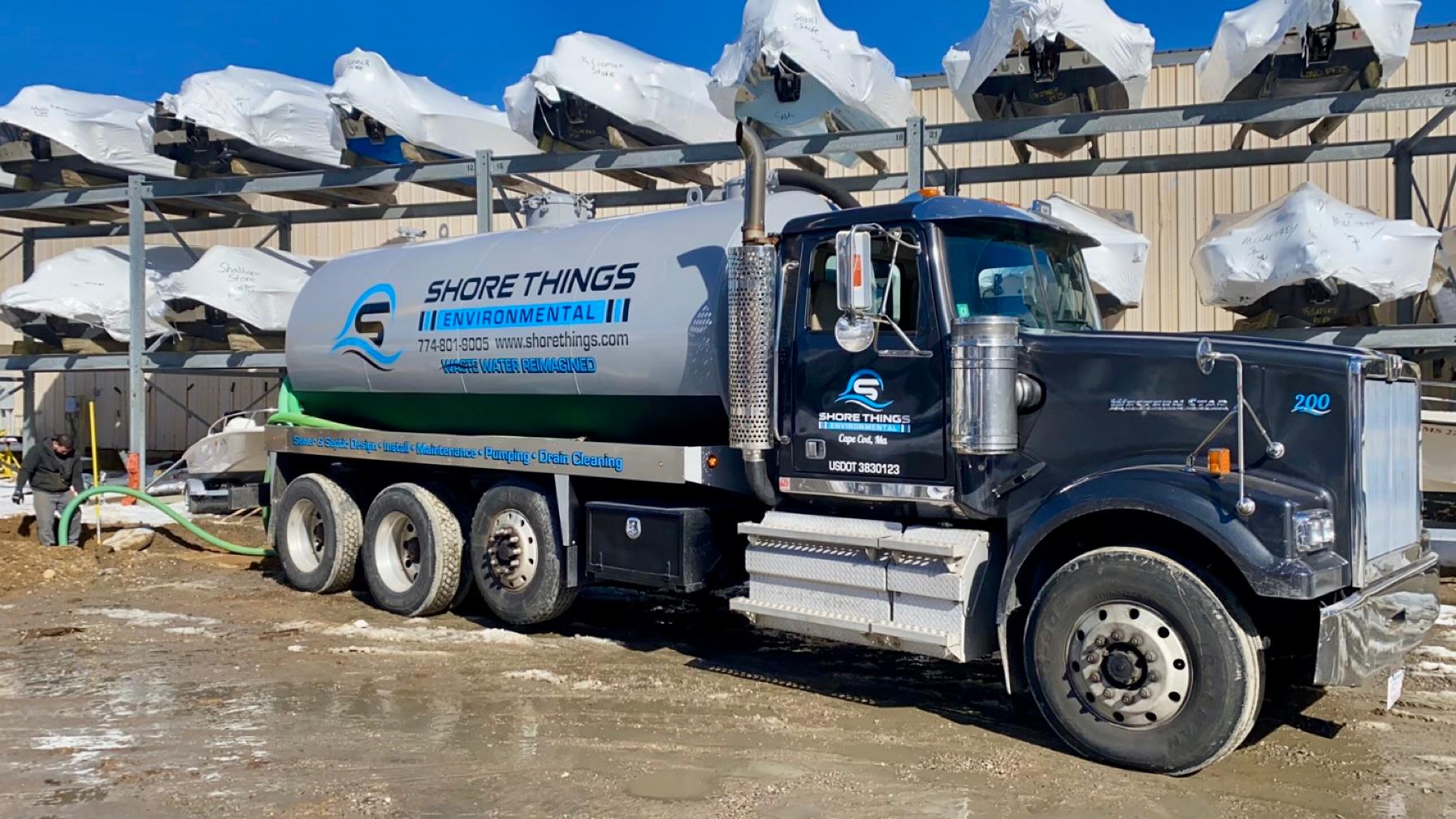 Shore Things Environmental septic truck at a boat yard