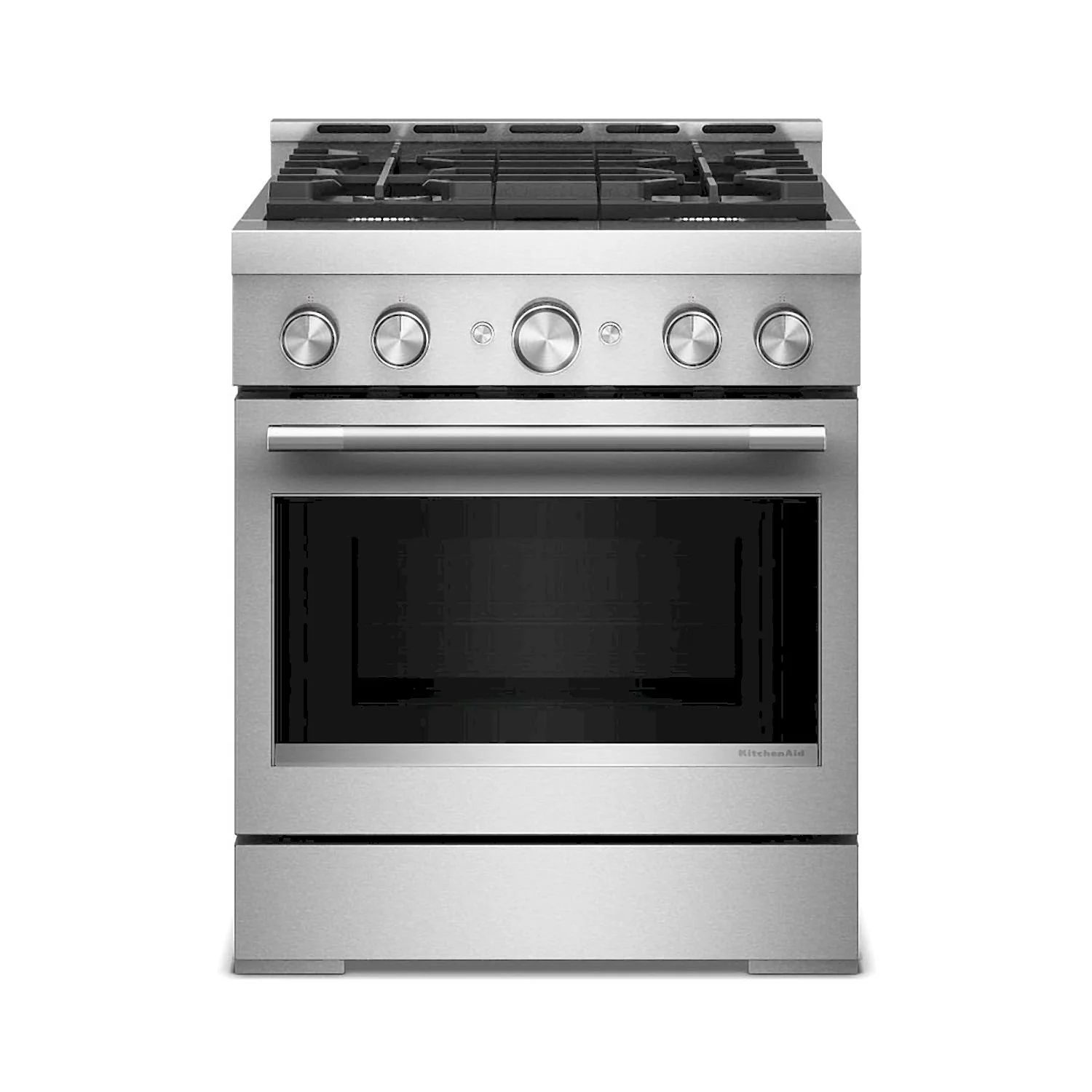 Front-facing stainless steel gas range highlighting cooking controls, oven window, and professional-grade appearance, designed for efficient meal preparation, durability, and modern kitchen integration.
