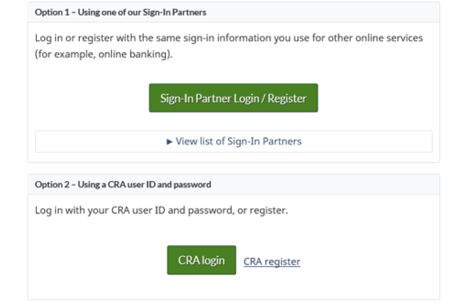 Screenshot of the CRA account login page.