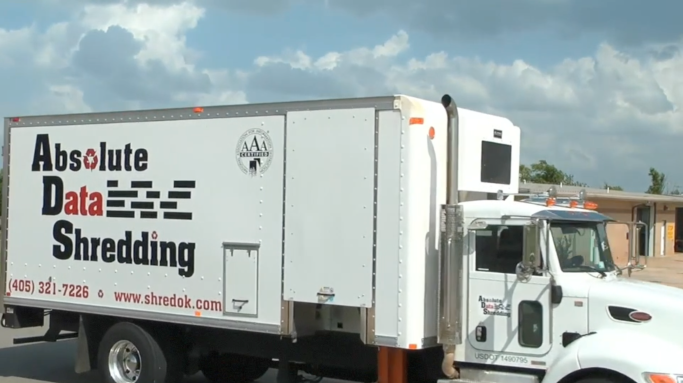 An Absolute Data Shredding mobile shred truck. We provide NAID AAA Certified paper shredding, hard drive destruction, and electronics recycling services in Oklahoma City and Tulsa, OK.