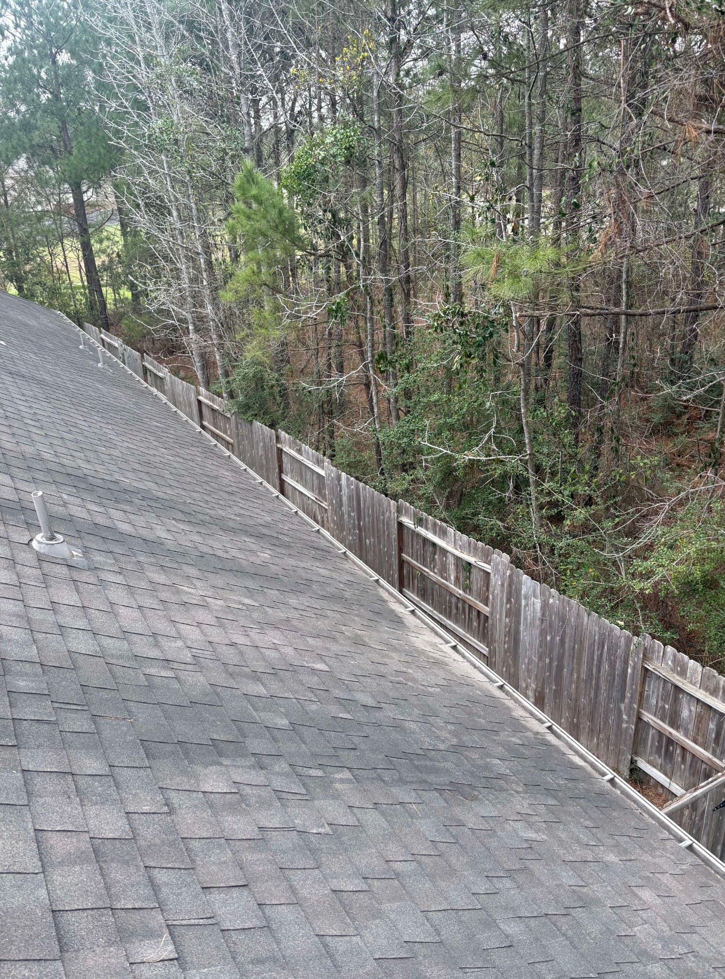 Professionally soft-washed residential roof with stains, algae, and buildup removed, showcasing roof cleaning and soft washing services in Conroe, TX by Integrative Soft Wash and Property Services.
