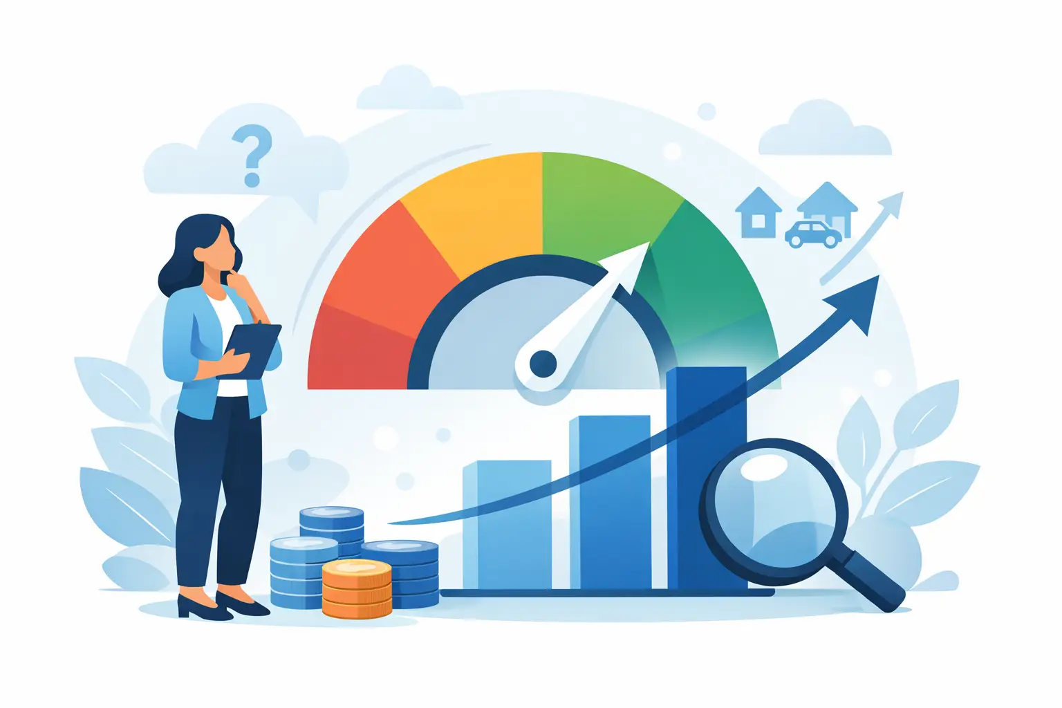 An illustration depicting a woman contemplating financial growth, with a credit score gauge, stacks of coins, bar charts, a magnifying glass, and icons representing housing and transportation. The scene suggests a focus on improving financial well-being and understanding creditworthiness.