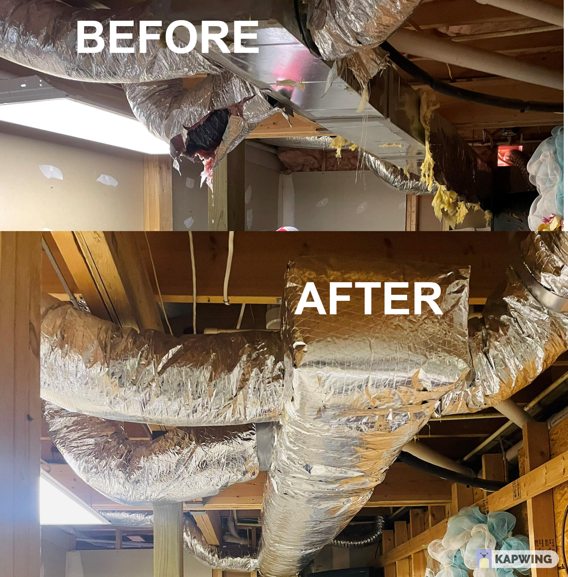 Sometimes it's necessary to drain and remove ductwork when it's soaked. As a licensed HVAC contractor, we can also replace and rewrap insulation.