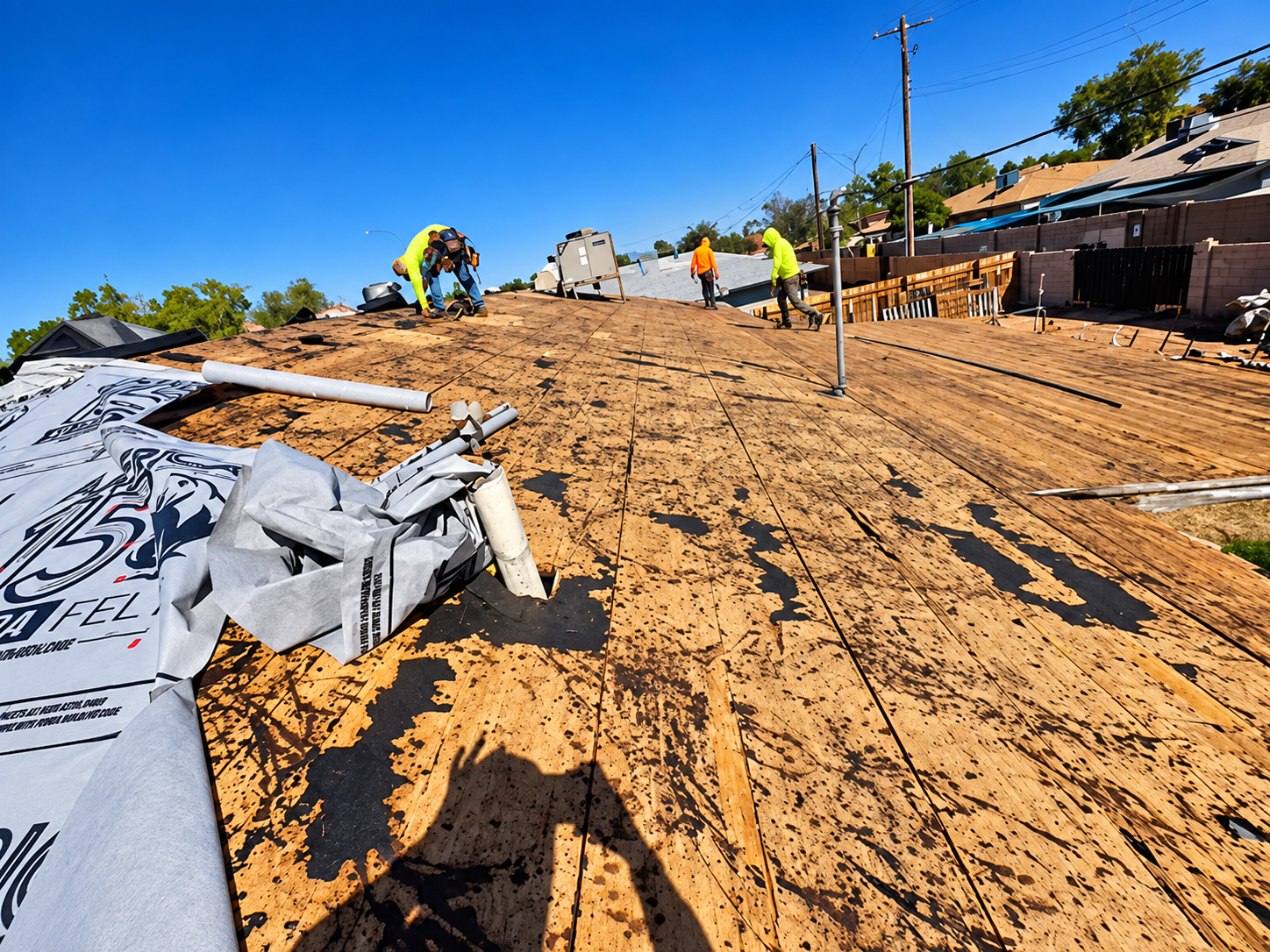 Apex AZ Roofing crew working on an Arizona residential roof after tear-off, with the existing wood r 