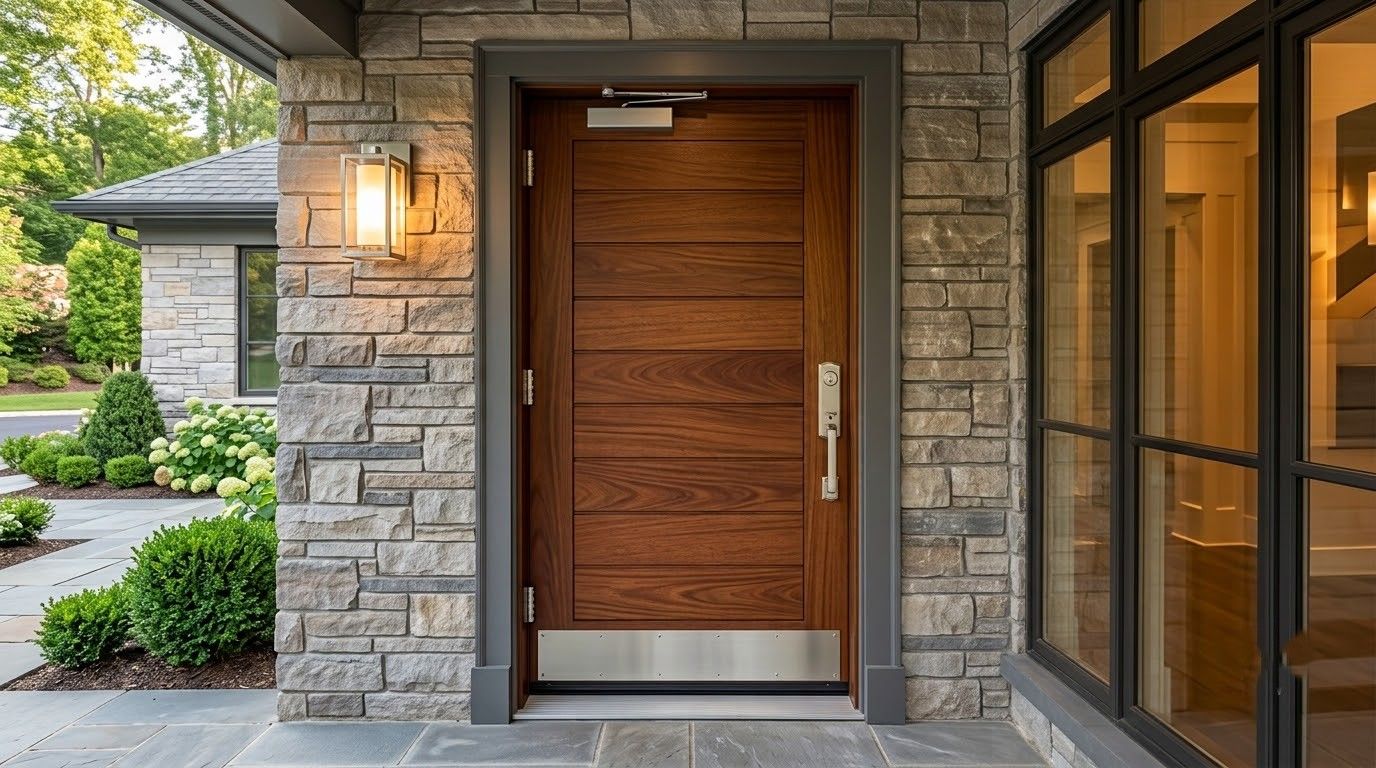 Residential wood entry door with horizontal panels, decorative sidelights, modern hardware, stone surround, exterior lighting, and landscaped walkway creating an inviting upscale entrance for the home for residential properties today.