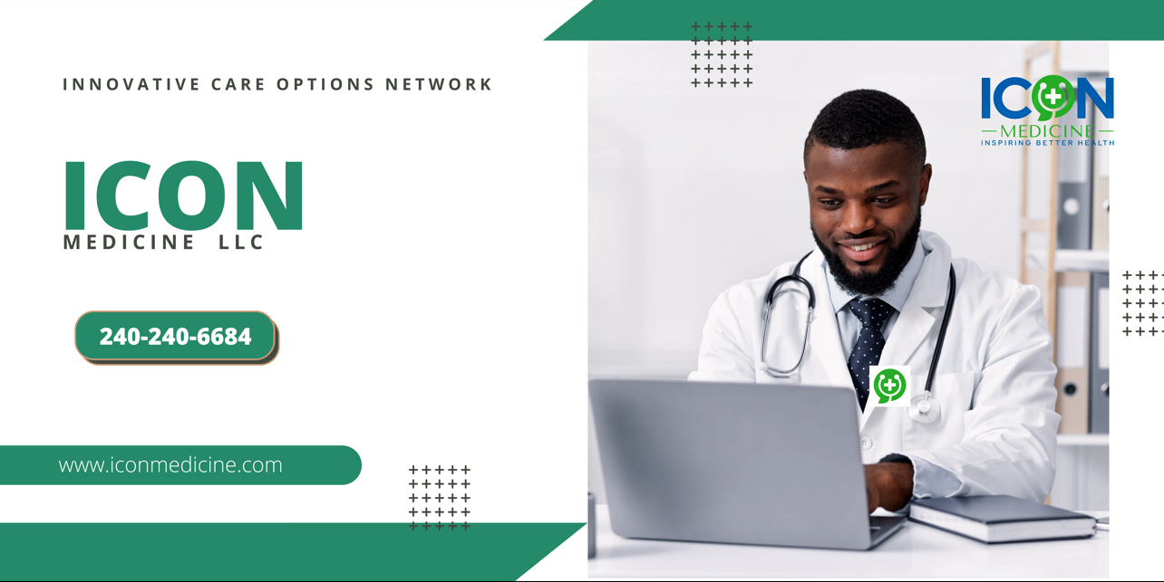 A Black man wearing a white lab coat and stethoscope is smiling while working on a laptop in an office setting. The image is a promotional graphic for "ICON MEDICINE LLC", featuring their logo, phone number, and website.
