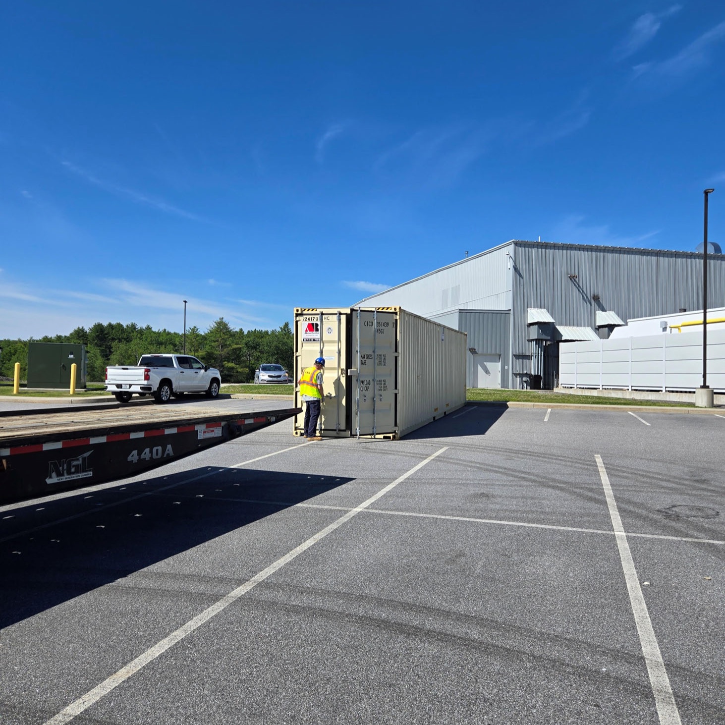 40ft storage container rental delivered to Westbrook, ME for Abbott Labs to support electrician work 