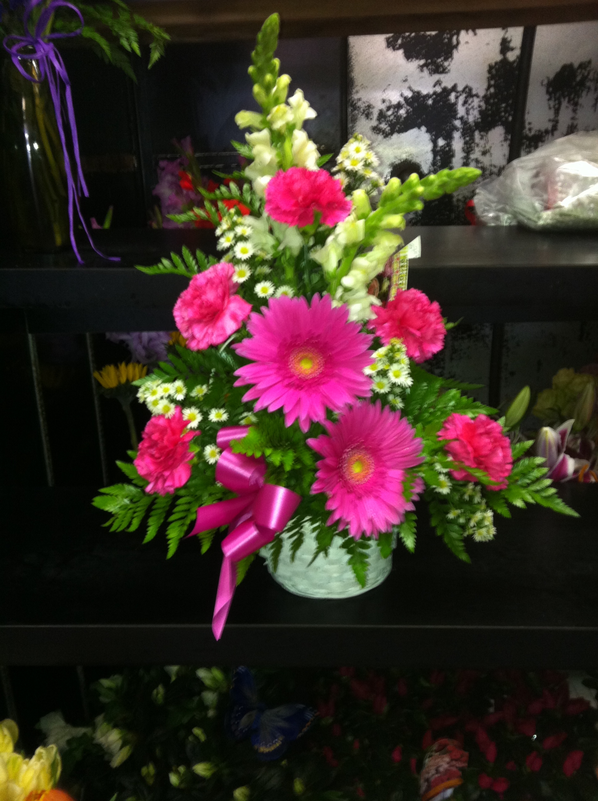 White Snaps, Hot Pink Gerbers and Carnations