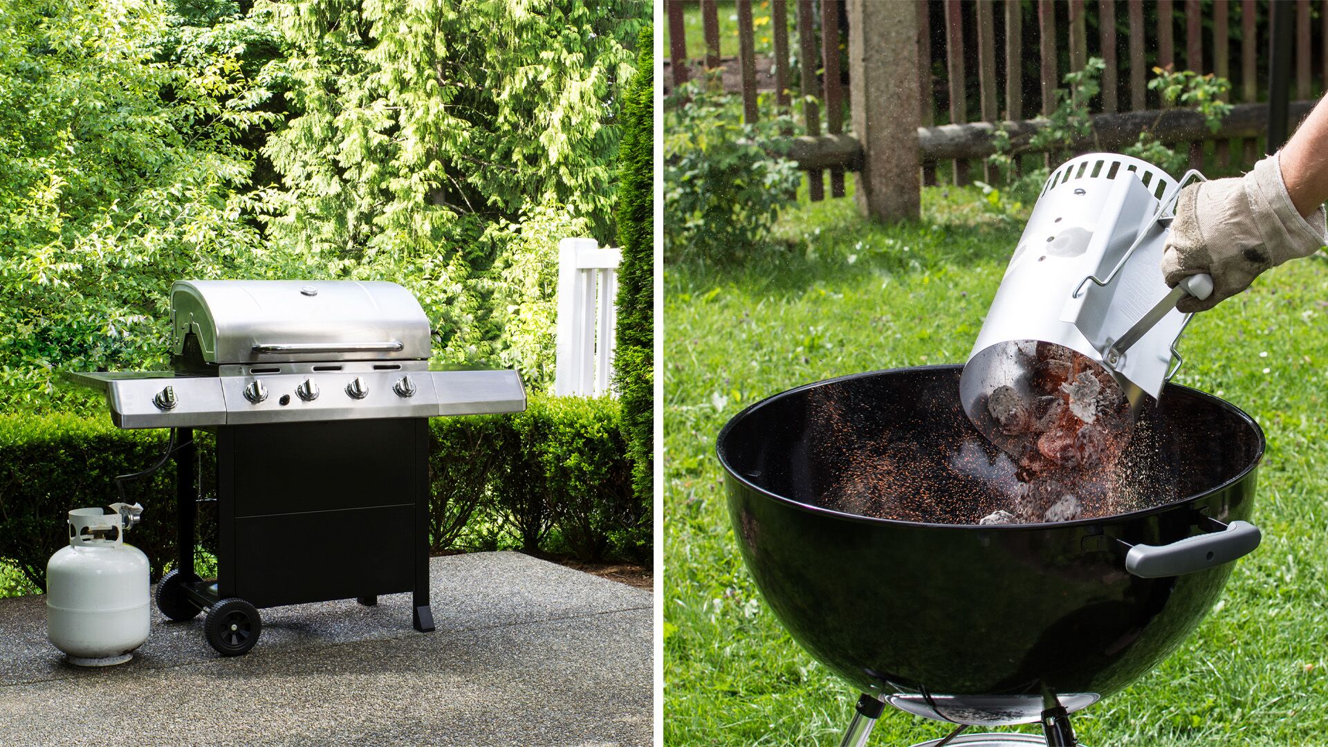 A split image of a propane grill; and a coal grill, with someone pouring embers into the basin.