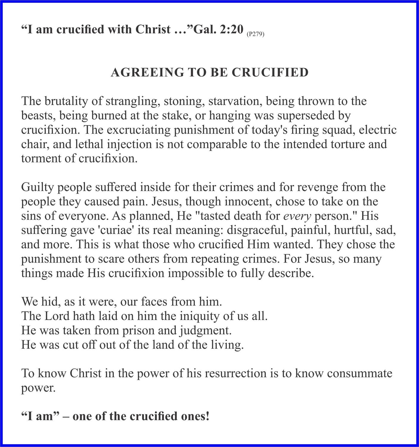 A page from a book or document, featuring a title, a biblical quote, and several paragraphs of text. The text discusses the concept of crucifixion, both literal and metaphorical, and references Jesus Christ. The page has a decorative blue border.