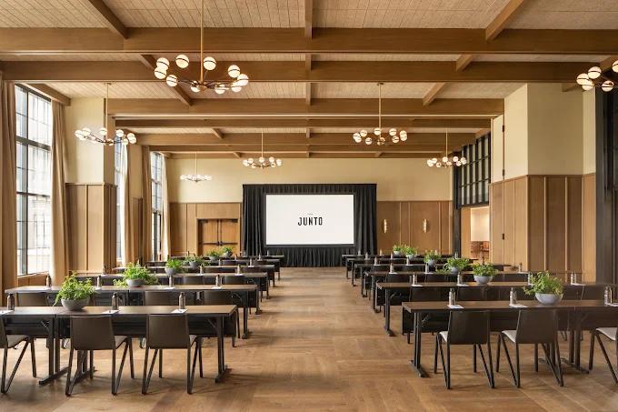 Classroom seating in one of eight meeting rooms at The Junto in downtown Columbus. 