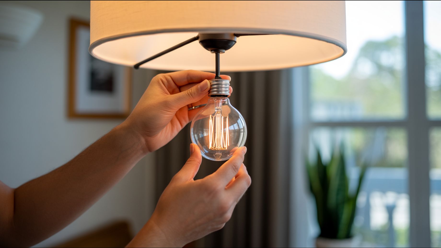 A close-up shot shows a person's hands holding a vintage-style light bulb, about to screw it into a  