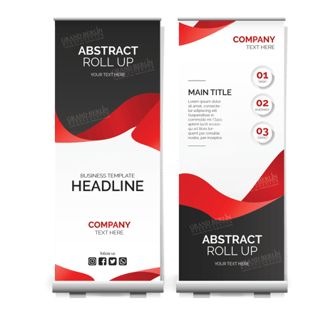 Grand Berlin Werbeagentur & Copyshop – Am Kottbusser Tor Roll-up Banner Design-Vorlage in Rot/Schwarz: zweiseitige Messebanner-Optik mit Platz für Titel und Inhalte – ideal für Roll-up Druck, Messeauftritt und Event-Marketing.